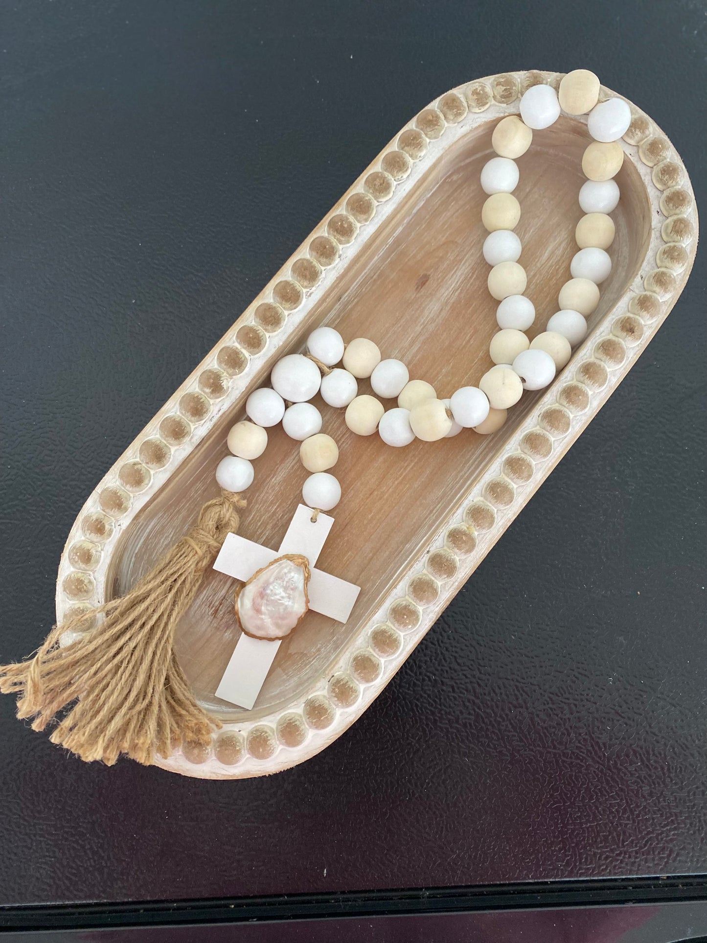 Oyster prayer beads with twine tassel