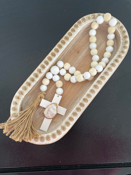 Oyster prayer beads with twine tassel