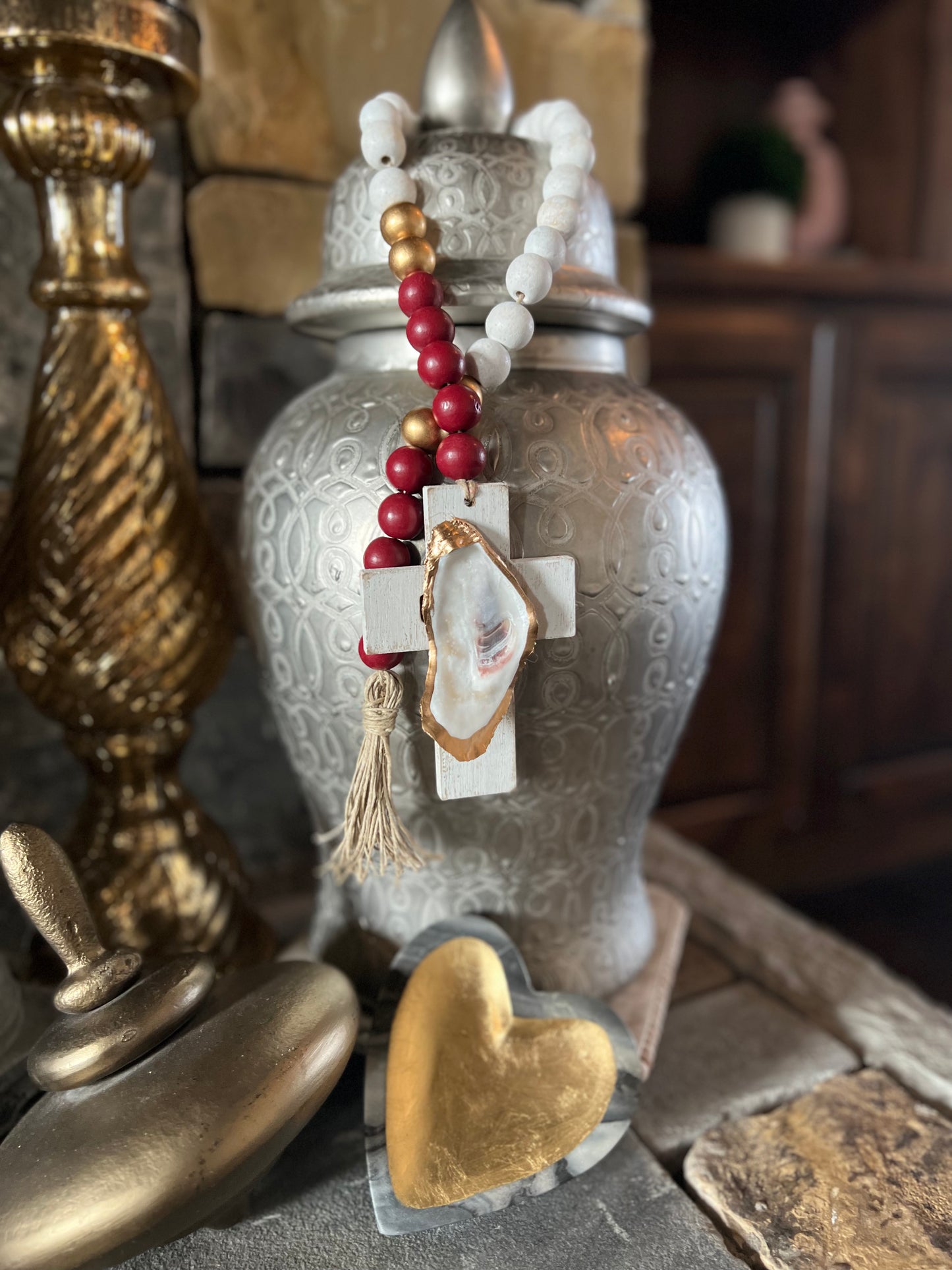 Oyster prayer beads with twine tassel